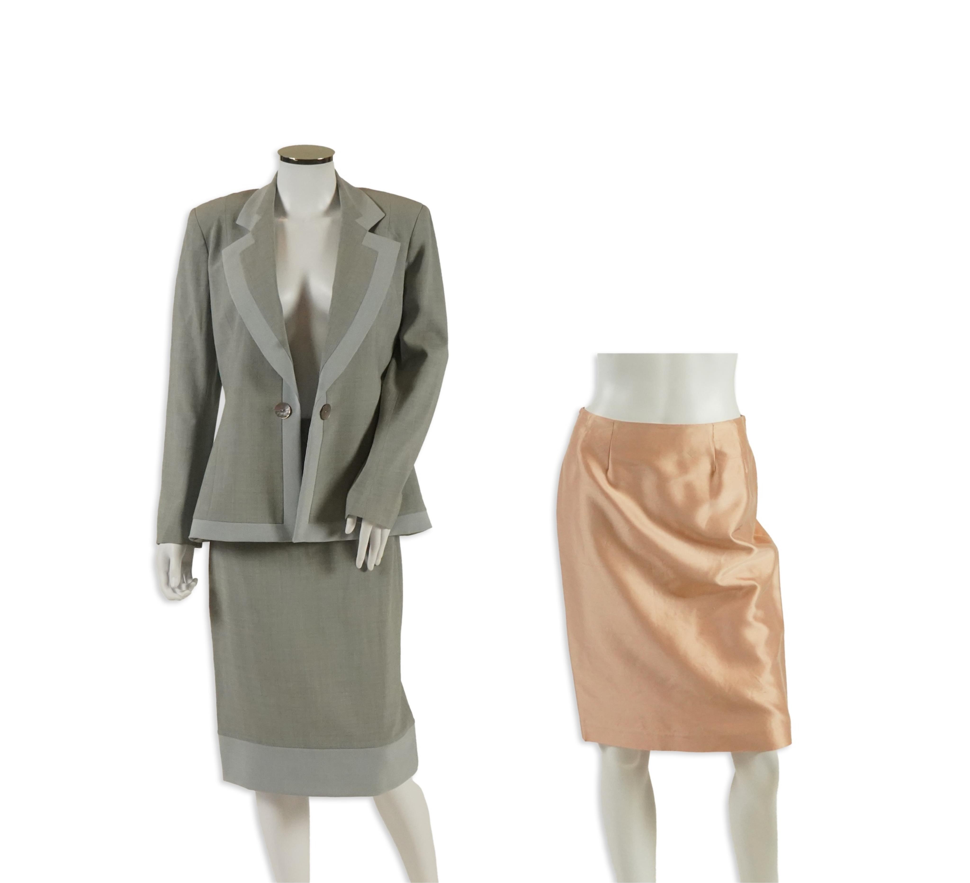 A Lea Rome grey skirt suit and a pale pink skirt